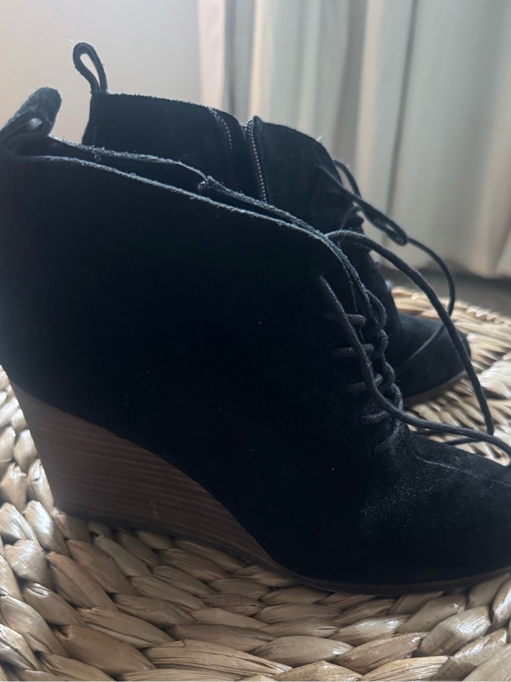 Lucky Brand Black Suede Lace-Up Wedge Booties
